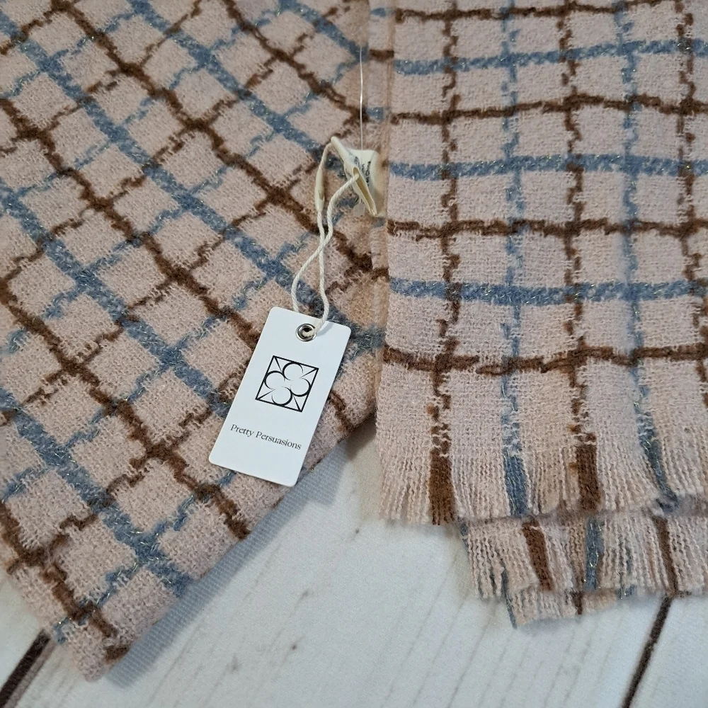 Pretty Persuations Blush Pink, Brown and Blue Scarf With Gold Metallic